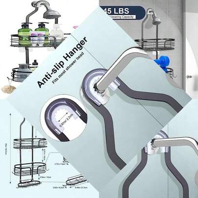 Panier de douche à suspendre au-dessus de la pomme de douche - Organisateur de douche de salle de bain avec crochets et 2 paniers à savon, sans perçage, anti-balancement, noir