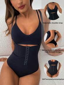 Aloruh 女士黑色高弹力休闲舒适塑身短裤长款纯色纽扣前开襟塑身衣 - 黑色 - 查看 1