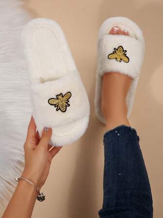 1 par enfärgade, avslappnade tygtofflor med tjock botten för kvinnor, lämpliga för bröllop, fester, brudtärnor, svarta, fluffiga, öppna och varma inomhustofflor, bekväma och andningsbara för alla årstider