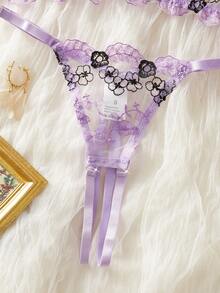 Bộ áo ngực ren khoét rỗng thêu hoa quyến rũ với dây đeo có thể điều chỉnh và quần lót cùng kiểu, đồ lót gợi cảm. - Màu tím - Xem 5