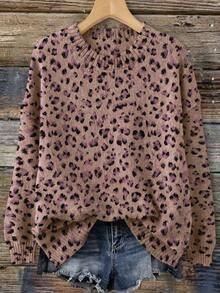 女士秋冬豹纹圆领长袖针织衫