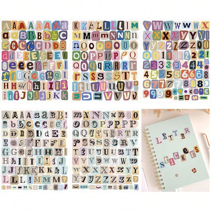 372/744片字母贴纸，适用于剪贴簿用品，复古字母数字乙烯基自粘贴纸，适用于剪贴簿、日记本、笔记本电脑、水瓶、DIY工艺品、杂物日记，复古剪贴簿贴纸，美学日记贴纸字母，杂物日记剪贴簿用品套装，字母贴纸，适用于剪贴簿 - 彩色 - 查看 1