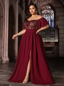 Vestido formal largo elegante de mujer talla grande con volantes en el hombro y dobladillo de gasa con aplicaciones - Burdeos - Ver 4
