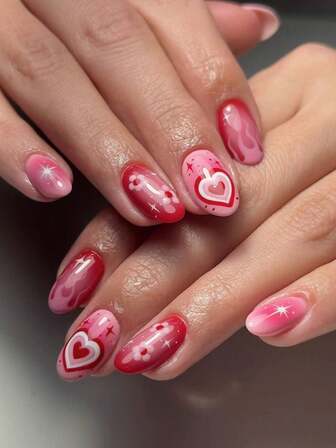 24 Pieces Of Short, Oval-Shaped Press-On Nail Art, Red, Gradient, Heart, Flower, Flame Designs, Includes One Gel Nail And One Nail File, Suitable For Women's Nail Decoration,Red Nails ,Press On Nails