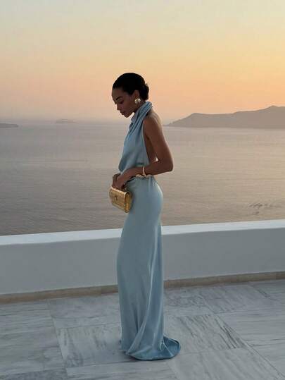 Basrey Solid Color Tie-Waist Backless Mid-Length Dress, Perfect For Formal Banquets, Weddings, Parties, Dates, And Valentine's Day Occasions Spring Party