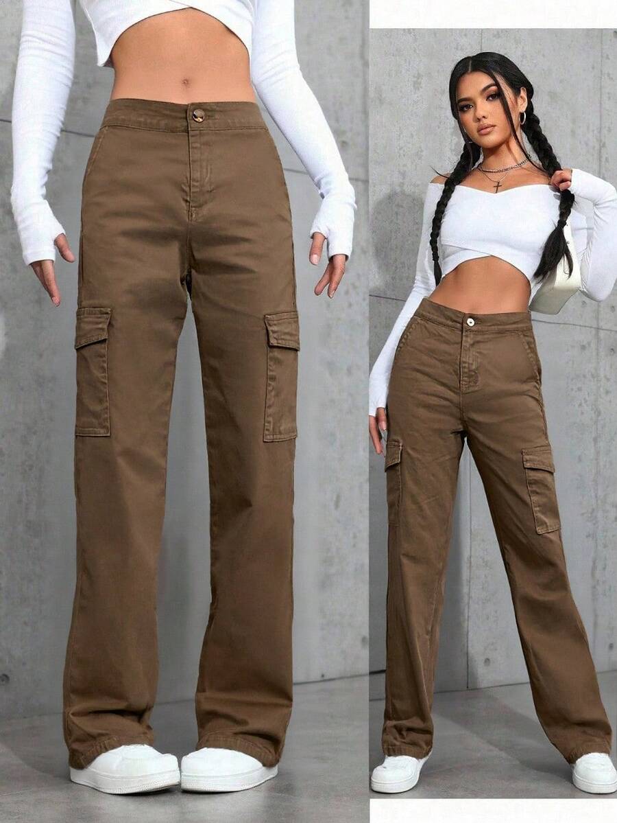 Pantalones cargo casuales, largos para mujer - Caqui - Ver 1