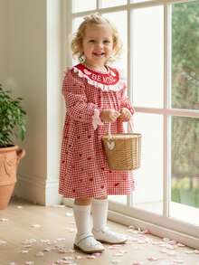 Toddler Baby Girl Valentines Day Outfit Love Heart Embroidery Dress Doll Collar Long Sleeve Smocked Dress For Kids - 紅色 - 查看 4