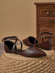 MonaNise Ballerines à bout pointu pour femmes, chaussures de travail, de loisirs et de déplacement avec ruban, mocassins confortables ajourés, bordeaux, automne - Tabac - Voir 3