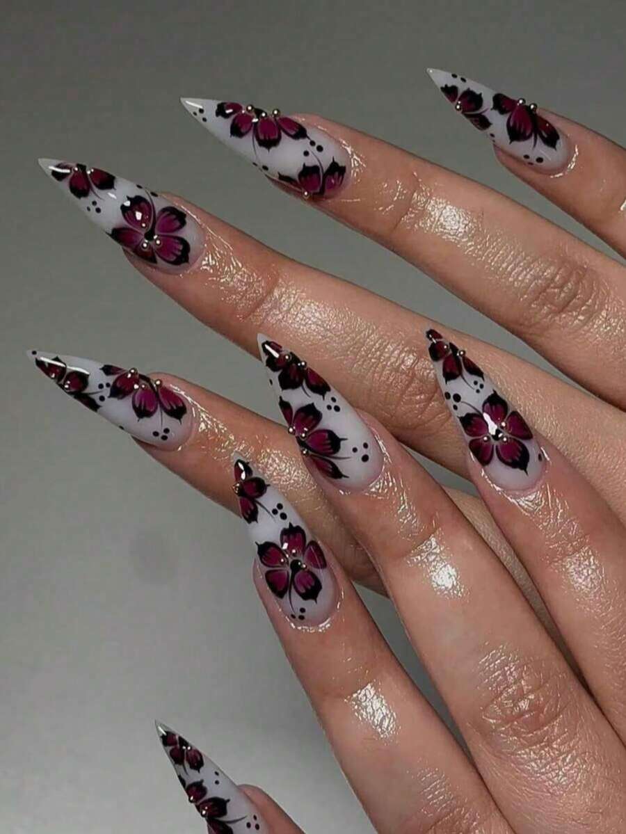 NAIO Enhance Your Style, 24 Pieces Long Almond Autumn And Winter Nails, Floral And Polka Dot Nails, Steel Ball Design, French Acrylic Press-On Nails, Perfect Fit False Nail Set, Including: 1 Piece Jelly Gel And 1 Nail File. Easy To Wear Autumn Nails And French Tip Nail Art, Suitable For Women Girls Daily Work Wear, Rave Party Use Nail Art Supplies