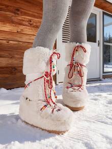 Women's Faux Fur Boots Winter Warm Fluffy Furry Mid Calf Snow Boots Flat Heel Comfortable Pull On Bead Embellished Shoes Christmas Gift - 米色 - 查看 5