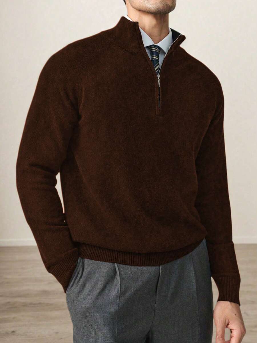 Men's Slim Fit Half Zip Ribbed Knit Sweater T-Shirt, Autumn/Winter - Brown - View 1