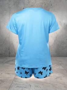 Lässiges 2-teiliges Set in Große Größen, Damen Herz-Kleeblatt-bedrucktes, locker sitzendes Kurzarm-Rundhals-T-Shirt und Schmetterlingsprint-Shorts Loungewear Pyjama Set, Outfits, kühles Hellblau - Blau - Übersicht 5