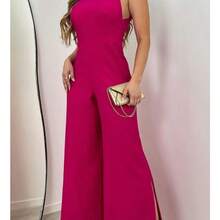 Women's Tailored Long Jumpsuit With Side Slit - Hot Pink - View 2