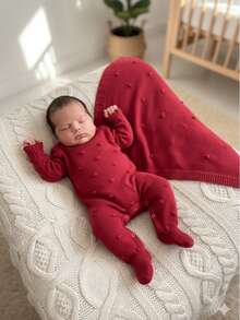 Baby Boy/Girl Knitted  And Blanket Set For Newborn/Infant Hospital Outfit - 酒紅色 - 查看 2