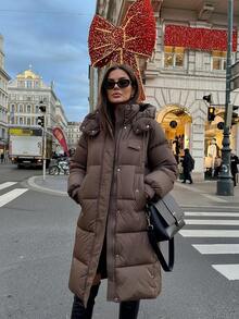 2025冬季新款女士中长款宽松连帽加厚棉衣，时尚派克大衣长袖棉服 - 卡其色 - 查看 2