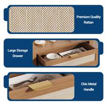 PtioHavn Aparador De Ratán, Mueble De Almacenamiento De Madera Con Estantes Ajustables, Cajones y Puertas De Ratán Para La Entrada / Sala De Estar / Cafetería En El Pasillo. - Roble oscuro - Ver 3