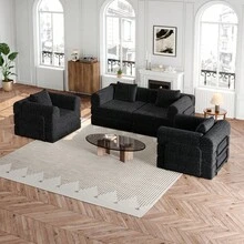 Sofá Cama Chenille 2 en 1 con Almacenamiento en el Reposabrazos, Tres Estructuras Metálicas y Múltiples Opciones de Configuración. Conjunto de Dos Piezas - Negro + Chenilla + 4 plazas - Ver 2