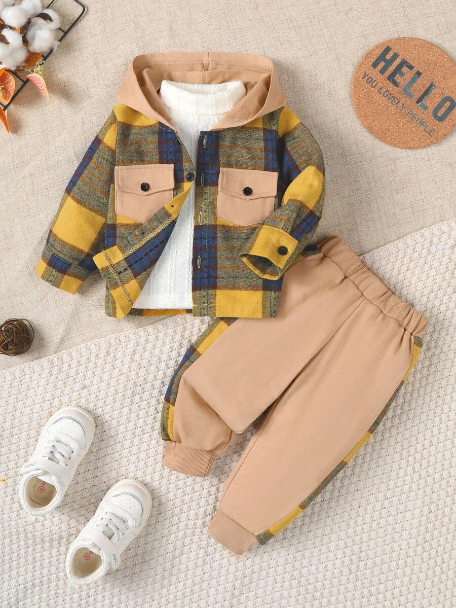 BrownBark 2件組男嬰春秋格紋休閒戶外套裝，格紋口袋連帽長袖襯衫＋收口長褲，適合嬰兒與幼童男孩的百搭日常長袖套裝
