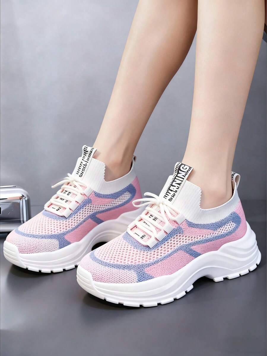 Cómodo y transpirable de malla patchwork de color de moda de las mujeres de fondo grueso zapatos deportivos casuales,punta redonda suela blanda encaje ligero hasta zapatillas de tenis,Cuatro estaciones nuevo zapatillas casual de mujer para hacer deporte, viajar y para el día a día. - Rosa - Ver 1