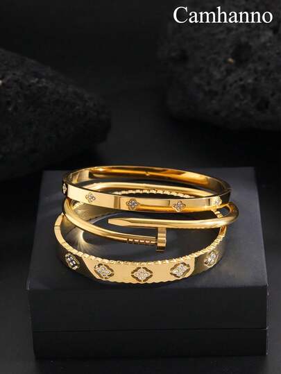 3pcs Fashionable And Luxurious Stainless Steel Diamond Flower Bracelet Suitable For Women's Daily Or Holiday Wear, Leisure, Gatherings, Holiday Gifts