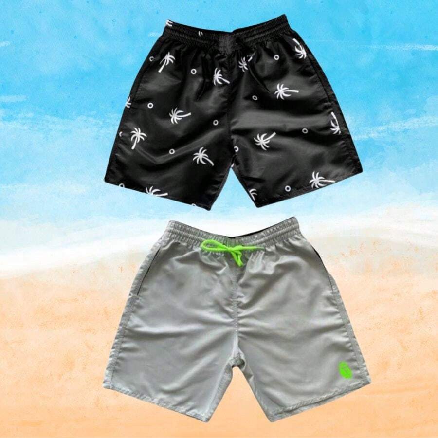Set Of 2 Men's Tactel Shorts With Pockets - Beachwear, Gym, Pool - Black and Gray - View 1