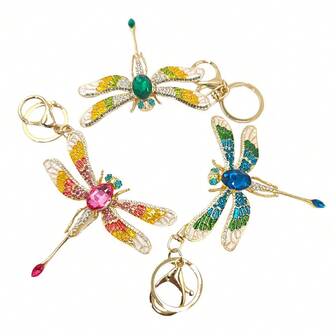 1 pieza Llavero de metal con esmalte y strass con diseño de libélula colorida, adecuado para bolsos de mujer, accesorios, regalos festivos