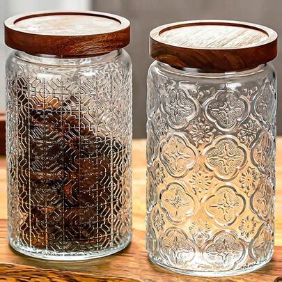 Vintage Glass Jar 34oz/2Pcs Glass Storage Jar With Airtight Wooden Lids Glass Food Storage Containers Kitchen Counter Pantry Coffee Beans Tea Oats Candy Jar Window Flower+Haitang