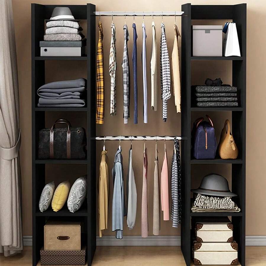 Armario abierto negro, 120*30*160cm, doble barra para colgar ropa + almacenamiento multicapa, perchero multifuncional para dormitorio. - Negro - Ver 1