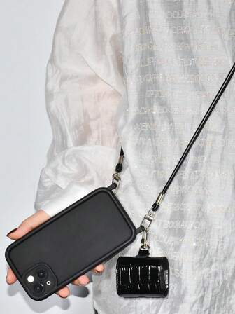 1 Set Funda de teléfono a la moda y antideslizante en negro + Funda de auriculares con textura de mármol + Correa de cuero diagonal, compatible con Apple X, XR, 11, 12, 13, 14, 15, 16 Pro Max, 17, Air, 17 Pro, 17 Pro Max