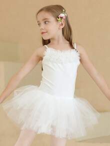 Young Girl Cute Floral Decor Spaghetti Strap Tutu Skirt, Children Ballet Dance Leotard - White - View 1