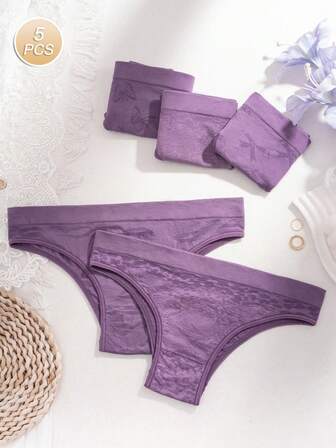 5件装紫色豹纹/蝴蝶结/嘴唇/蝴蝶/花卉图案无缝透气提臀女士内裤，四季皆宜
