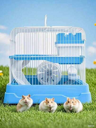 2-Layer Portable Hamster Cage - Mini Castle Habitat With Wheel, Water Bottle And Food Bowl - Ventilated Travel Cage For Hamsters/Mice (Blue/Pink/Grey)