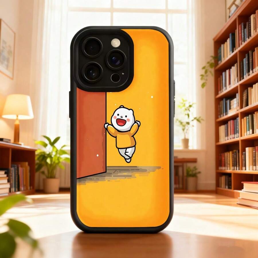 Cubierta de teléfono con diseño de dibujos animados naranja con personaje feliz saliendo de una puerta para uso diario en casa y oficinaAplicable a teléfonos Apple y Galaxy. - Burdeos - Ver 1