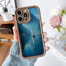 Cubierta de teléfono con borde negro diseño paisaje lacustre con barco y montañas azul profundo para uso diario y viajes - Café integral - Ver 2