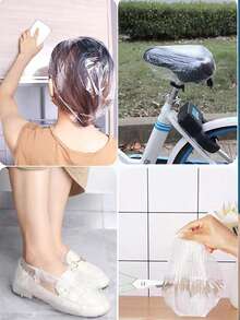 100pcs Disposable Thick Shower Cap, Waterproof Dust-Proof Salon Hair Dye Cap, Extra Large Rectangular Shower Cap - Clear - View 6