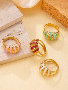 1 chiếc nhẫn thép không gỉ mạ vàng 18K, thiết kế xoắn, thời trang unisex, có các màu trắng, đỏ, xanh lá cây và hồng, thích hợp để đeo hàng ngày hoặc làm quà tặng. - Chiếc nhẫn vàng - Xem 4