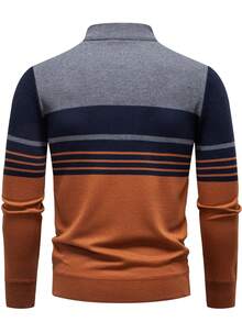 男士条纹半拉链 Polo 衫，长袖休闲宽松拼接日常半拉链套头针织薄毛衣，撞色设计，时尚简约 - 鏽棕色 - 查看 2