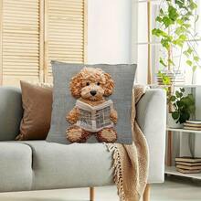 1Pc Contemporary Teddy Dog Reading Newspaper Throw Pillow Cover - 17.7*17.7 Inches, Single-Side Print, Machine Washable With Zipper, Polyester Cushion For Living Room Sofa Car (No Insert) - Multicolor - View 6
