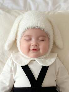 1pc Baby Solid Color Cute Cat Ear Warm Knit Beanie Hat With Earflaps, Unisex - 1PC - View 1