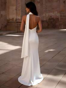 Basrey Solid Color Scarf, Turtleneck, High Waist, Bodycon, Backless, Bodycon Evening Dress, Mermaid Skirt, Dress, Cocktail Dress, Suitable For Formal Banquet, Wedding And Party, Valentine's Day - White - View 3