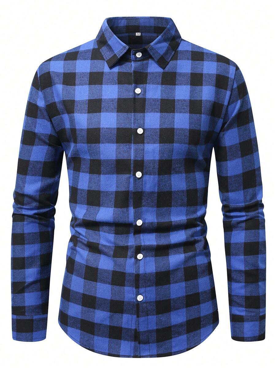 Men's Long Sleeve Brushed Plaid Shirt, Business Casual, Black & White, Autumn/Winter