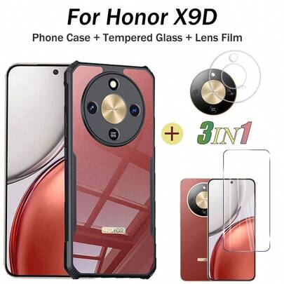 3in1 For Honor X9D Phone Case Heavy Duty Clear Acrylic Shockproof For Honor X9D Tempered Glass Screen Protector Film + Lens Film