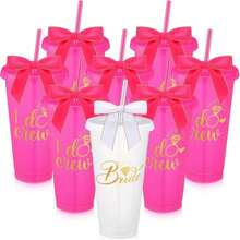 8 Pcs Bridesmaid Plastic Tumbler With Straw Lid And Twist Bow 24 Oz I Do Crew And Bride Reusable Tumbler Bridal Party Proposal Gifts Bachelorette Party Gifts For Wedding Bridal Bridesmaids(Pink) - MàuG - Xem 1