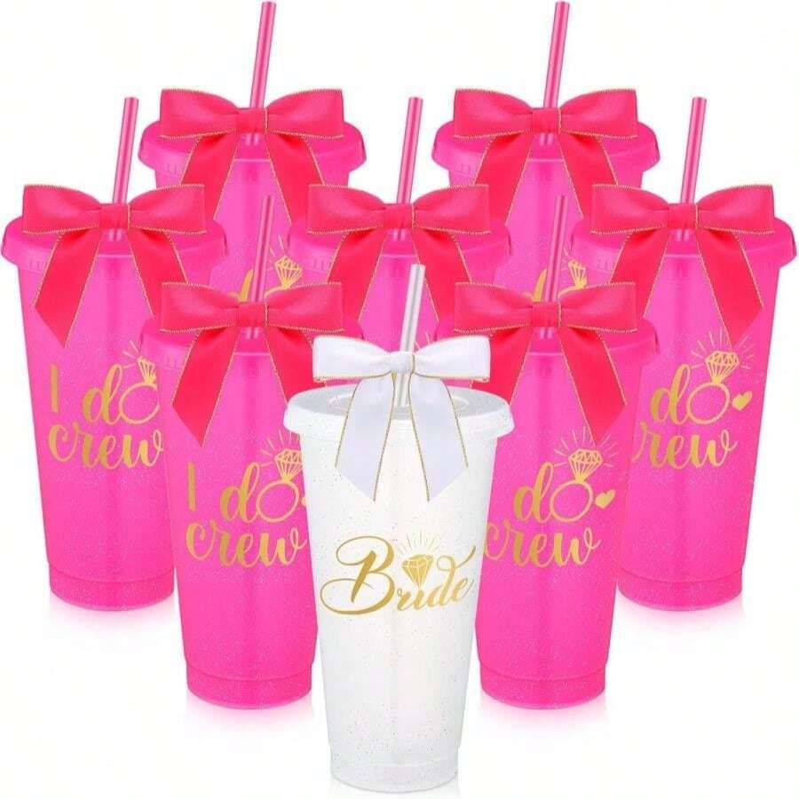 8 Pcs Bridesmaid Plastic Tumbler With Straw Lid And Twist Bow 24 Oz I Do Crew And Bride Reusable Tumbler Bridal Party Proposal Gifts Bachelorette Party Gifts For Wedding Bridal Bridesmaids(Pink) - MàuG - Xem 1
