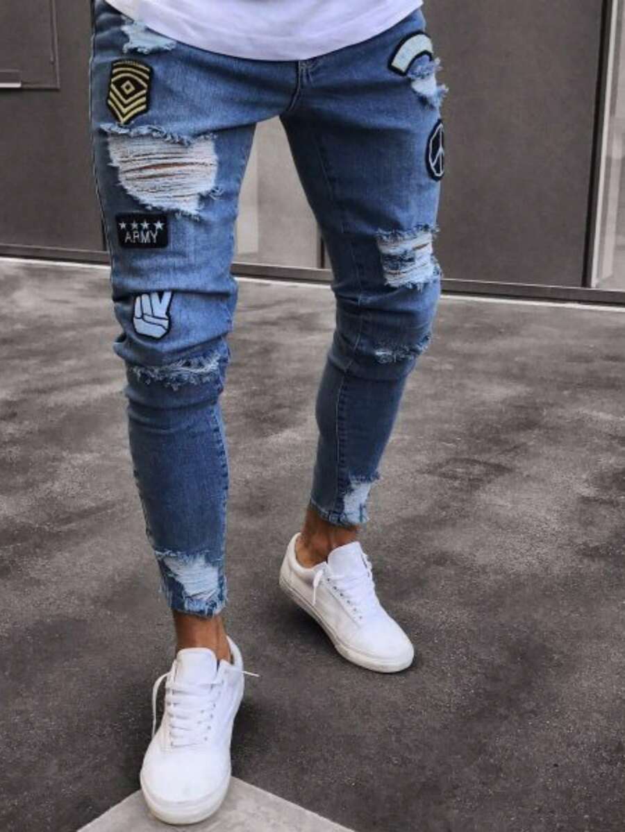 Men's Stretch Skinny Jeans, Casual American Style Pants - Blue - View 1