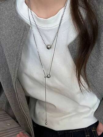 1 pièce/2 pièces Collier pendentif à perles en acier inoxydable personnalisé pour femmes, couleur argent, double couche, bijoux de style hip hop et rock