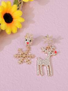 1 Pair Asymmetric Christmas Snowflake & Reindeer Rhinestone Inlaid Earrings, Christmas Gift For Friends - Style 1 - View 2