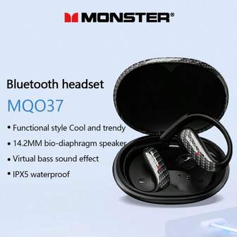 Monster Auriculares inalámbricos para juegos MQO37 TWS Bluetooth 6.0 con reducción de ruido, auriculares deportivos estéreo HiFi, música HD, auriculares con micrófono IPX5 para deporte