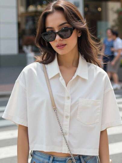 Women's Fashionable Spring/Summer New Outdoor Shacket Top, Short Style With Pocket Design, Stylish & Minimalist, Suitable For Daily Work, Outdoor Activities, Casual & Sports Wear