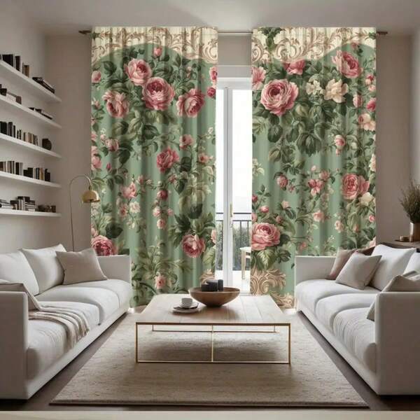 2 piezas Cortinas elegantes con patrón de rosa y flor rosa - Cortinas con fondo verde retro, cortinas de fibra de poliéster translúcida, diseño de bolsillo para barra fácil de colgar para sala de estar y dormitorio, lavable a máquina, cortinas para sala de estar